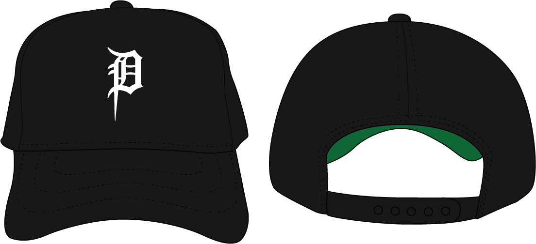 Black snapback hat with a green underbrim and a white Gothic-style letter 'P' embroidered in the center.