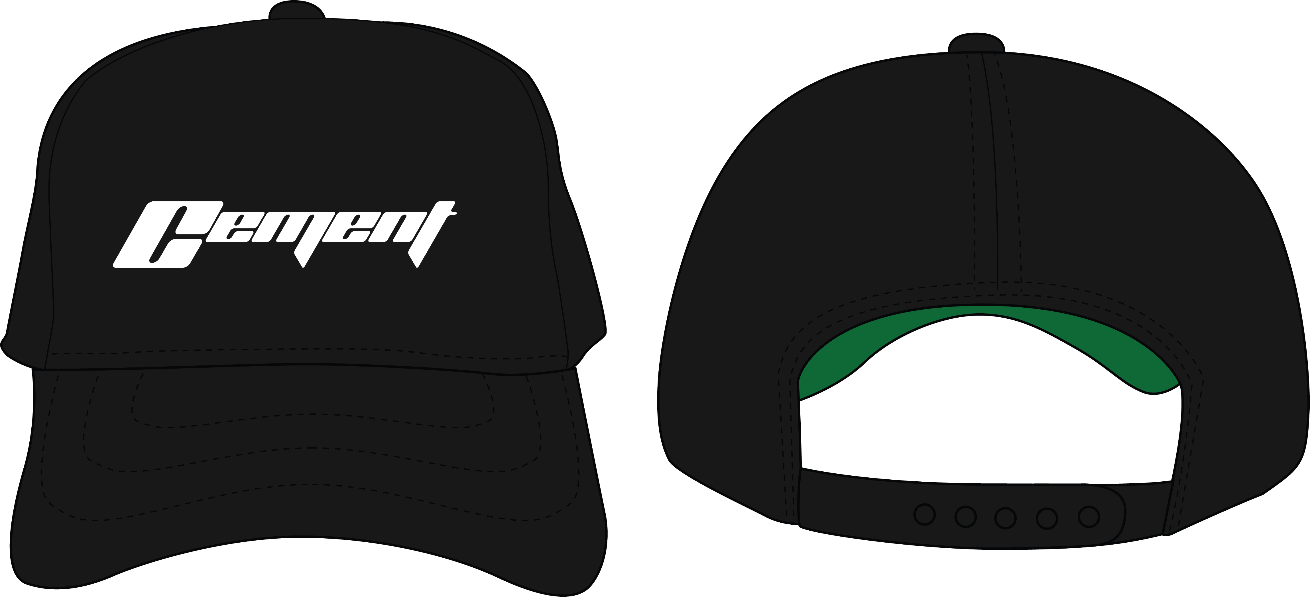 Front and back view of the CEMENT™ by CMYK - Moto Snapback, a sleek 5-panel hat in black, featuring a minimalist embroidered logo on the front panel and an adjustable strap for a perfect fit.