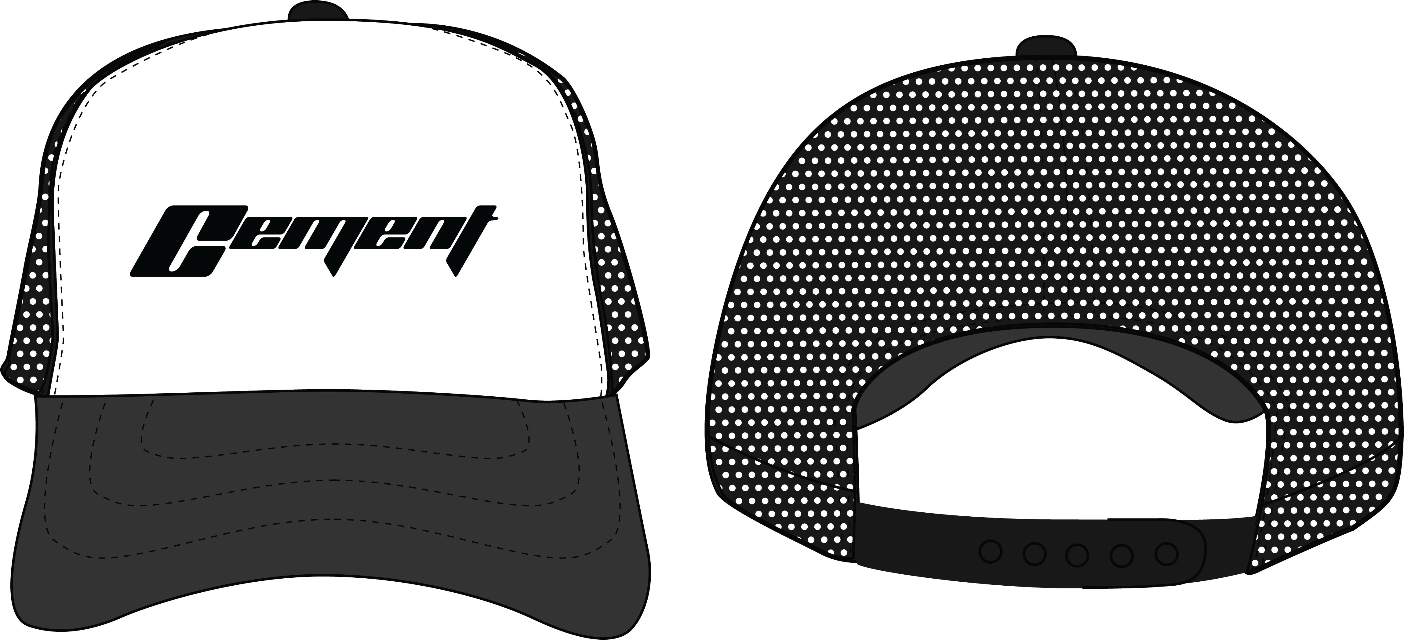 Front and back view of the CEMENT™ Moto Script Trucker Hat in white and black, featuring a bold Moto script logo on the front panel and a breathable mesh back design.